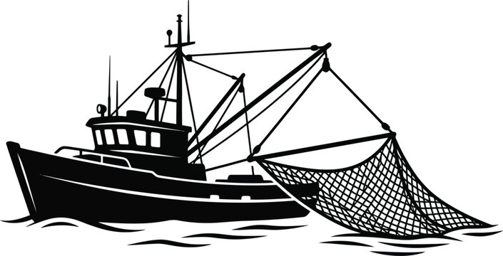 Commercial fishing boat silhouette with trawling net on white background