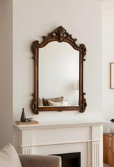 Obraz premium Interior design and home decor, ornate vintage wooden mirror hanging above a white fireplace mantel in a minimalist living room with neutral tones