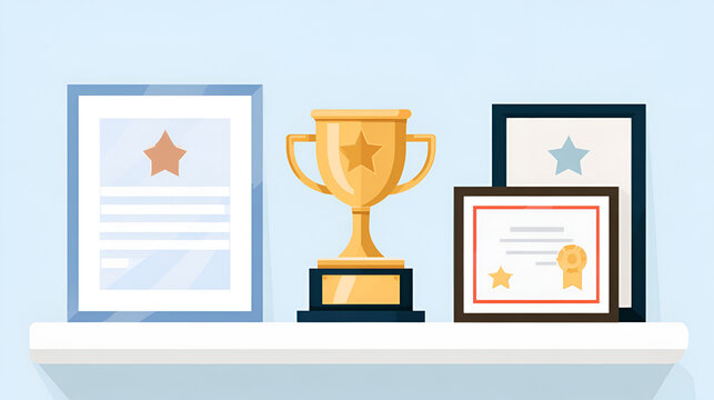 Office Award Trophy Displayed On A Shelf Beside Framed Certificates