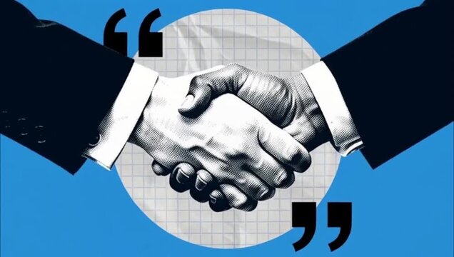 Business handshake illustration representing a professional agreement or partnership concept with quotation marks.