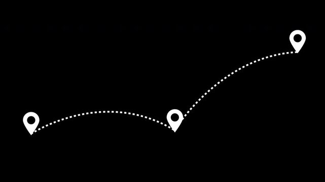 mark route location pin, dashes route line leading to map pin location, travel path navigation journey symbol animation on transparent background, 4k video