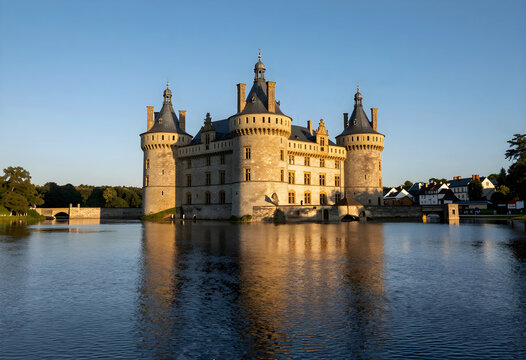Heritage tourism and travel destination, medieval castle with stone towers and moat reflecting in water during golden hour at sunset in the countryside