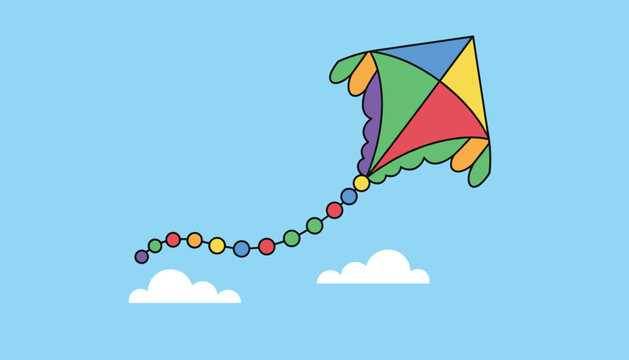 Multi-colored kite with a long beaded tail flying high in a clear blue sky among fluffy white clouds during a windy summer day.