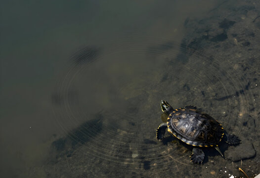 Biodiversity and environmental conservation, freshwater turtle swimming in a pond creating ripples in clear water, wildlife and nature protection