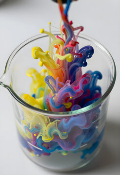 Scientific research and chemical innovation, colorful ink mixing in a glass beaker for laboratory experimentation and creative fluid dynamics study