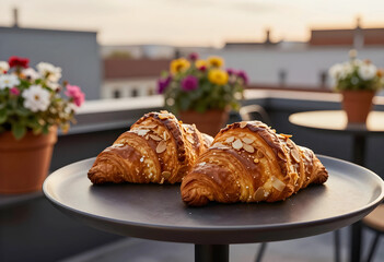 Obraz premium Breakfast and brunch lifestyle, fresh almond chocolate croissants served on a terrace table with flowers at sunrise for a luxury morning experience