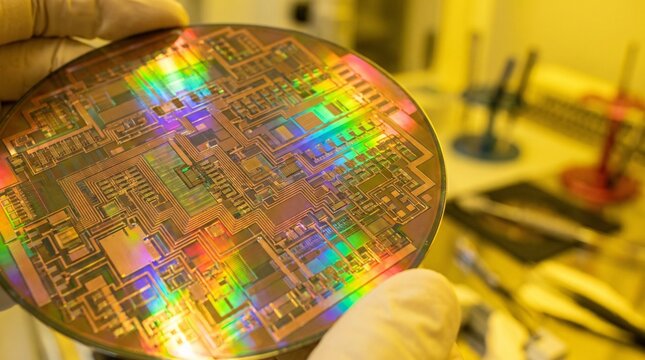 Advanced silicon wafer semiconductor microchip technology glowing with vibrant iridescent light inside sterile cleanroom laboratory environment