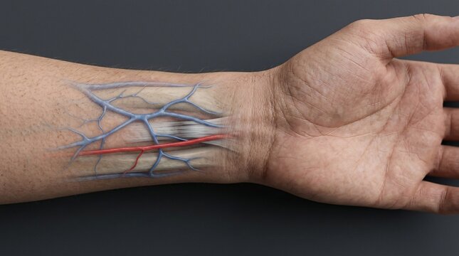 Close-up view of a human wrist and palm displaying an anatomical cutaway overlay of the radial artery, superficial veins, and carpal flexor tendons.