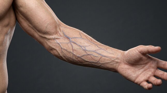 Detailed view of a human forearm demonstrating the superficial cephalic vein, basilic vein, median cubital vein, and radial artery network.
