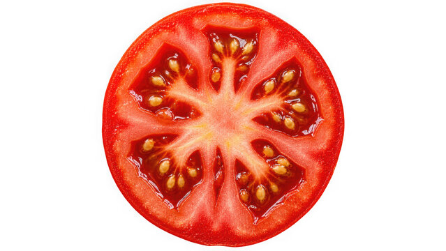 Fresh tomato slice isolated PNG, juicy red vegetable cut for salad ingredient and healthy eating on transparent background