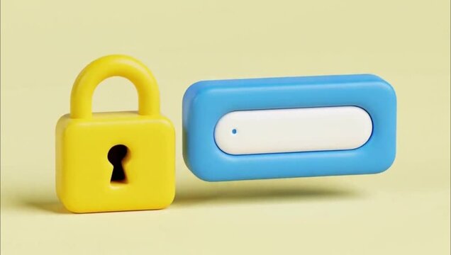 3D illustration of a yellow padlock next to a blue digital login button.