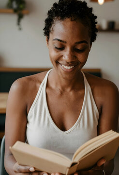 Mindfulness and self care, happy young woman reading a book in a cozy cafe for mental health and personal growth, leisure time and relaxation lifestyle