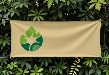 Obraz premium Sustainability and environmental conservation, blank banner with green leaf logo template for eco friendly business branding in lush tropical garden