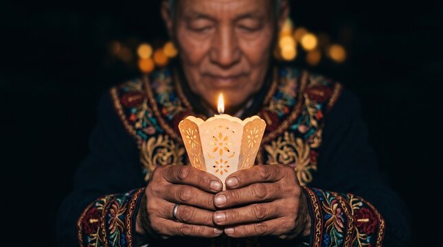 Elderly man holding lit candle during Las Posadas celebration. Las Posadas 