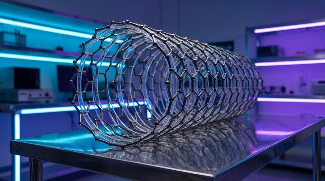 Detailed carbon nanotube molecular model resting on metal laboratory table featuring glowing futuristic blue and purple lights