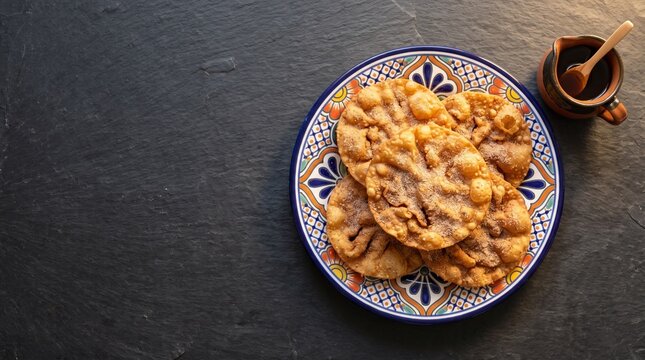 Fried dough pastries served on a decorative plate with honey. Las Posadas  