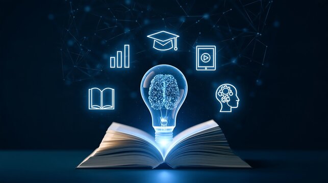 Open book with a glowing light bulb containing a digital brain surrounded by floating education and technology symbols on dark background