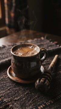 Mug filled with Mexican hot chocolate and a wooden stirrer on a table . Las Posadas 