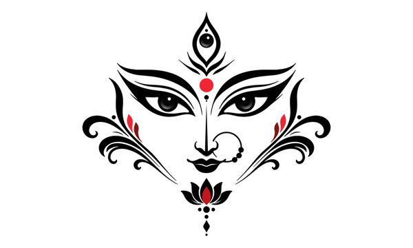 Elegant maa durga face line art with expressive eyes, lotus and traditional hindu ornamental motifs