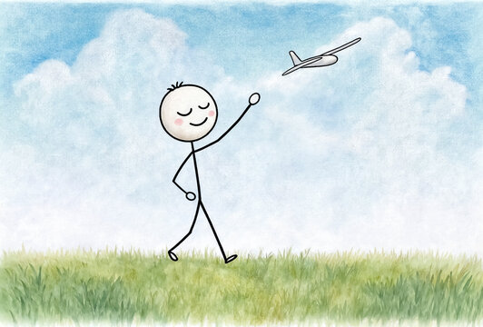 Stick figure character launching a model glider airplane on a grassy hill under a watercolor sky.