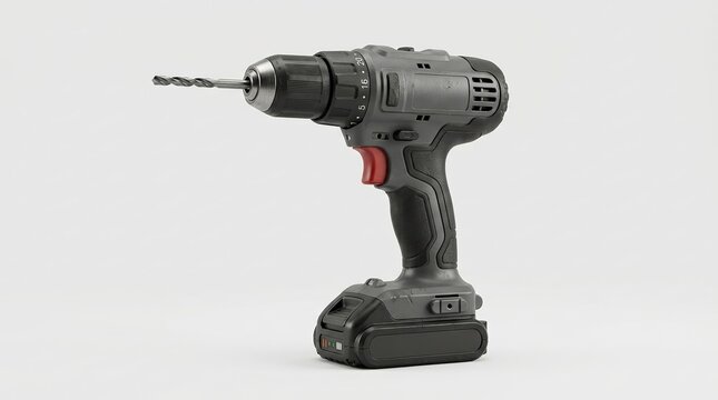 Gray cordless electric drill with drill bit on white background tool