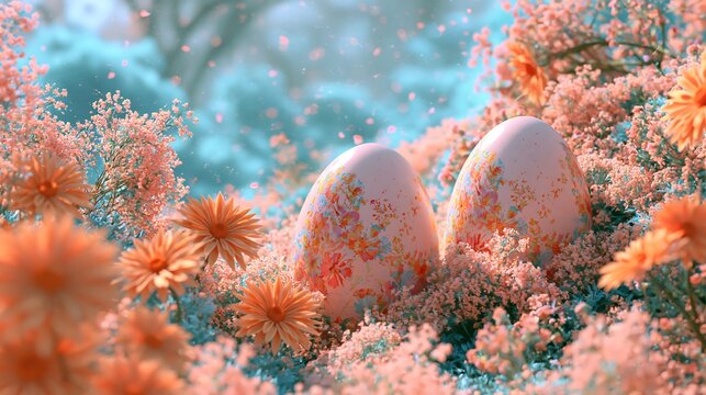 Two decorative easter eggs with floral patterns nestled in a field of orange and pink spring flowers under a soft, dreamy, light blue atmosphere