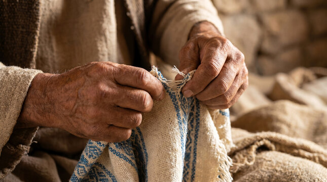 Close-up of Hosea hands resting on Gomer shoulders, her head bowed, compassion and forgiveness, biblical scene