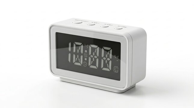 White digital alarm clock with illuminated display on white background