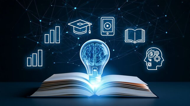 Open book with a glowing light bulb containing a digital brain surrounded by floating education and technology symbols on dark background