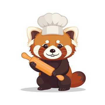 Graphic design featuring a little red panda chef holding a baking rolling pin, isolated vector graphic