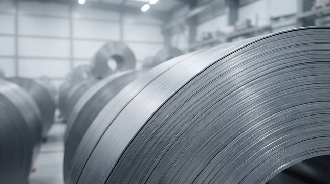 Industrial steel coils stored in factory warehouse, heavy steel roll production background, metal sheet manufacturing process