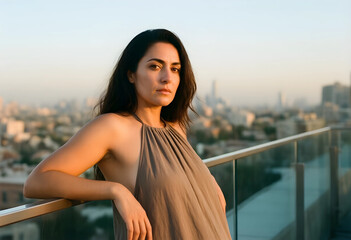 Fototapeta premium Urban lifestyle and mental wellness, thoughtful woman looking at city skyline from balcony at sunset for reflection and personal growth in modern city