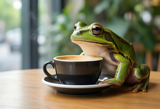 Morning routine and relaxation, green frog sitting at a wooden table with a steaming cup of coffee in a cozy cafe setting for a whimsical lifestyle
