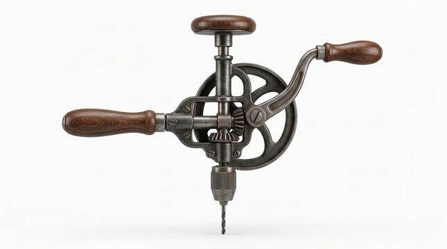 Antique hand drill with wooden handles on white background manual drill