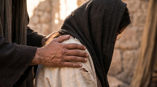 Close-up of Hosea hands resting on Gomer shoulders, her head bowed, compassion and forgiveness, biblical scene

