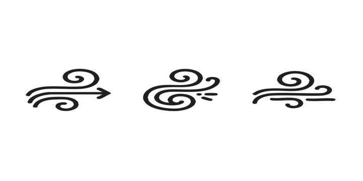 Wind blow and airflow weather icon set, exactly 3 distinct icons, curly airflow lines, wind and weather concept, line and glyph style, black and white, smooth consistent curves, clear recognizable sha