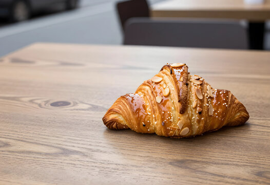 Breakfast and cafe culture, almond croissant pastry on a wooden table in a coffee shop for morning food service and bakery lifestyle marketing