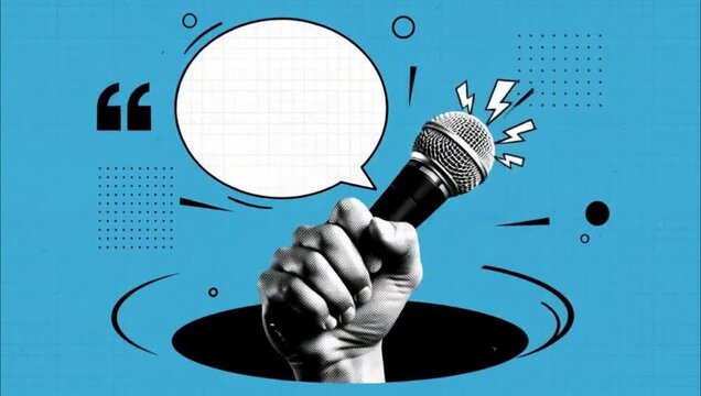 Hand holding a microphone with a speech bubble for communication and public speaking concepts.
