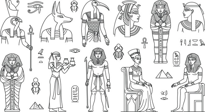Ancient Egyptian mythology and pharaoh line art set featuring gods, rulers, mummies, hieroglyphs, pyramids, and sacred scarabs for historical and cultural coloring pages.