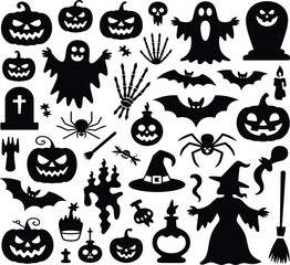 Fototapeta premium Large collection of scary Halloween silhouettes containing floating ghosts bony skeleton hands spooky potion bottles and witch icons