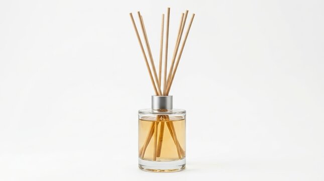 Glass reed diffuser bottle with amber liquid and wooden sticks image