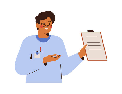 Doctor holding clipboard. Physician showing medical documents, lab test referral, prescription papers, checkup notes in hands. Flat vector illustration isolated on white background
