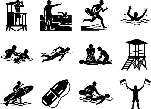 Lifeguard rescue operation and beach safety silhouettes icons set art