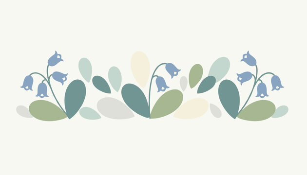 Minimalist horizontal border design featuring delicate bluebell flowers and soft green leaves in a scandinavian style.