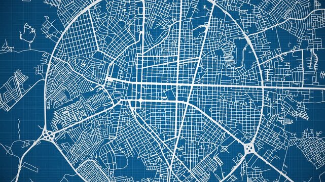 Ink reveal animation of Feira de Santana city, Bahia, Brasil (Brazil) grid map. Aerial top view. Blueprint style. White lines with blue background. 4K Seamless loop.