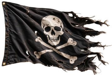 Fototapeta premium Tattered black pirate flag with skull and crossbones, weathered and worn