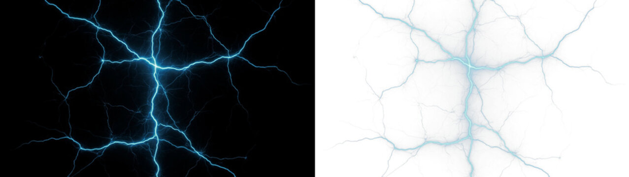 Electric lightning strike pattern with glowing blue plasma discharge, abstract energy fractal effect on black and transparent backgrounds