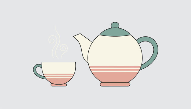 Cozy retro vector illustration of a vintage teapot and a matching teacup with rising steam against a light grey background.