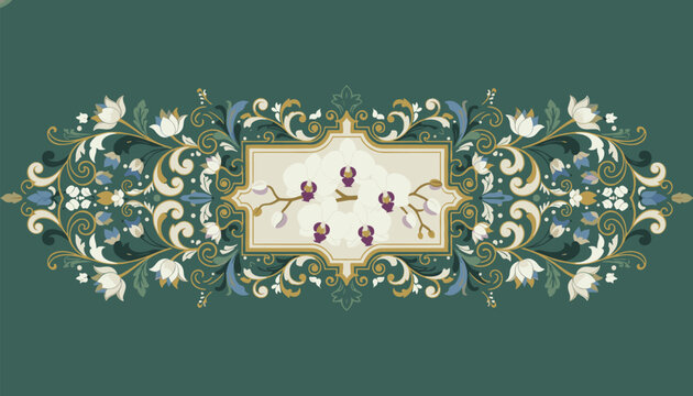 Luxurious art nouveau banner in rich emerald green, decorated with elegant gold scrolls and white orchid flowers.
