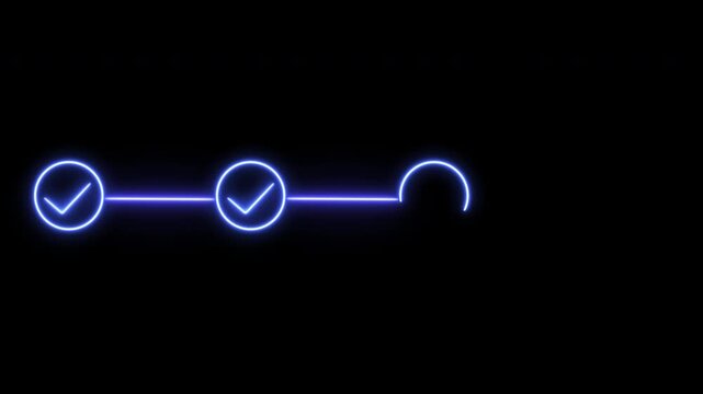step point checklist blue neon glowing 4 circle animation for task, challenge, job information progress and process complete animation on transparent background, 4k video